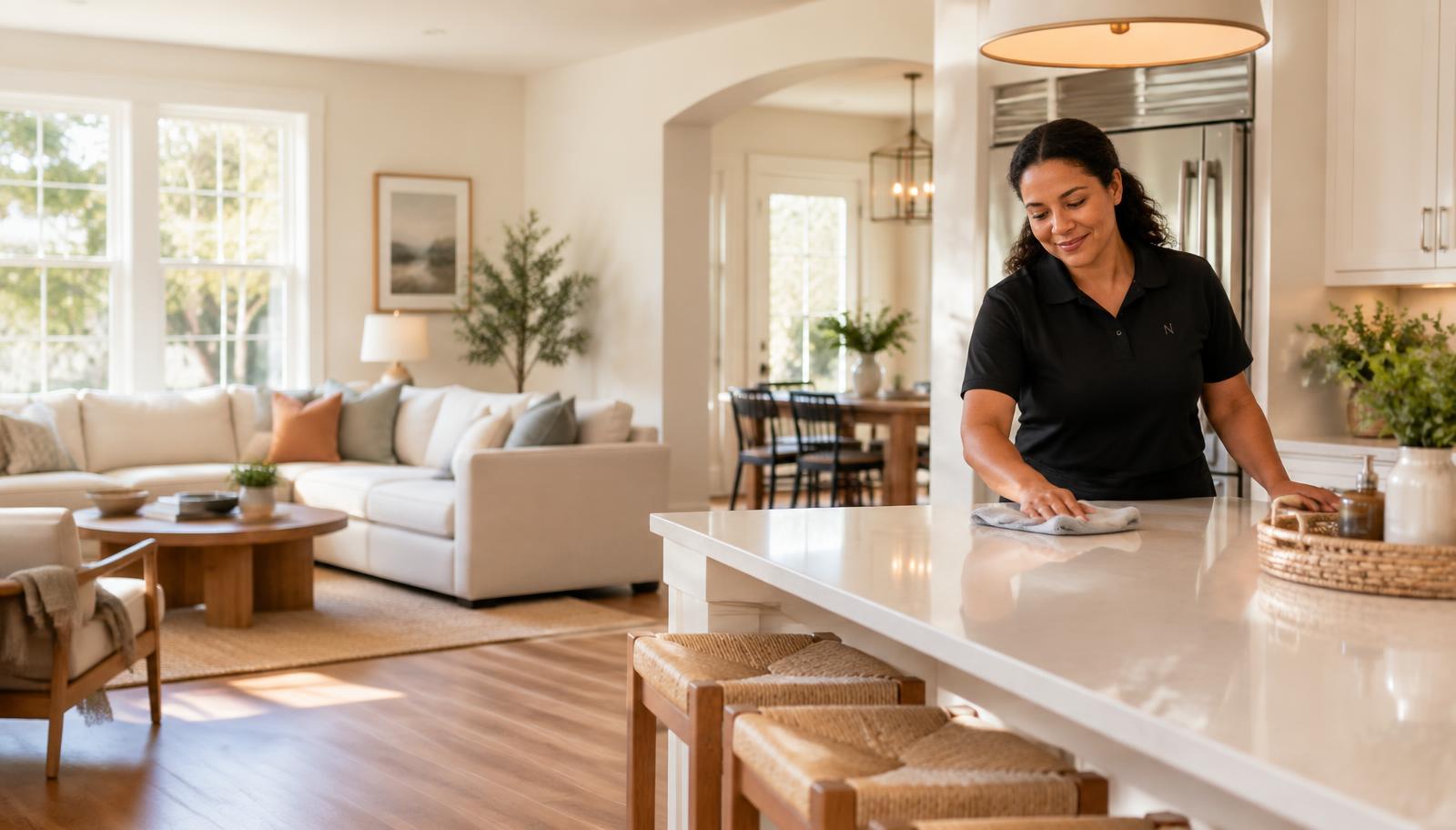 A Neatility Home Care Specialist cleaning a bright, naturally lit kitchen